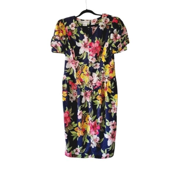 Vintage Dresses & Skirts - Vintage Floral 80s Shoulder Pad Feminine Cottage Retro Midi Dress 14